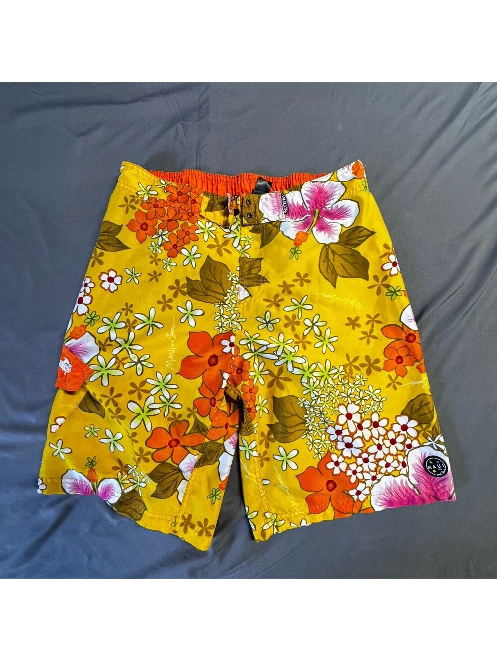 Maui and Sons Mens 36 Boardshorts Yellow Pink Hibiscus Floral Surf Swim Trunks⁠